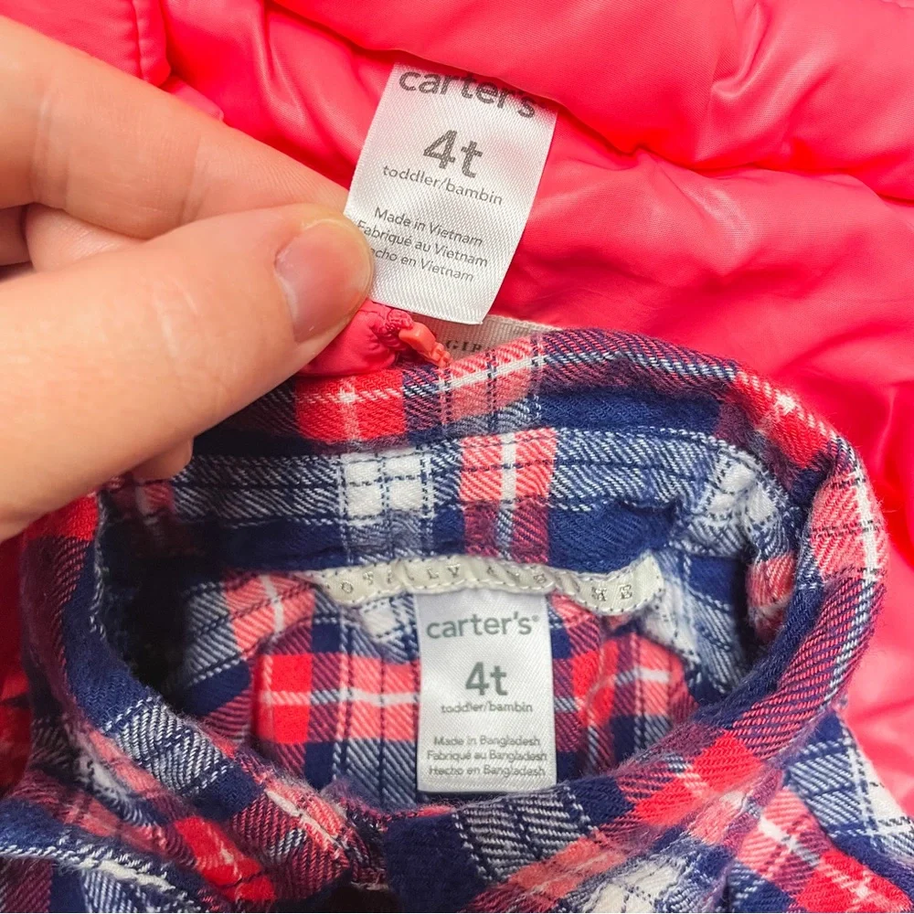 Carters Pink & Navy Plaid Flannel & Puffer Vest Outfit Toddler Girls Size 4T